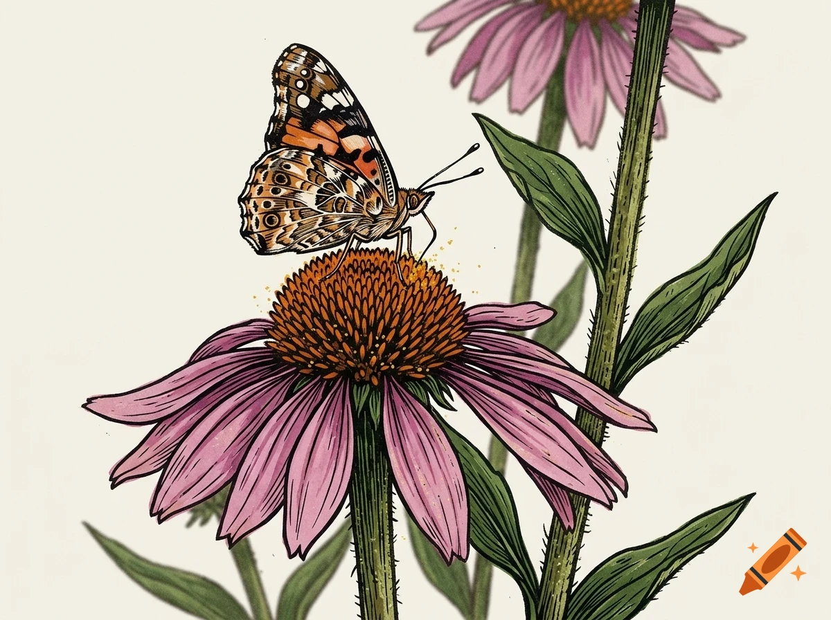 An illustrated butterfly resting on a pink coneflower.