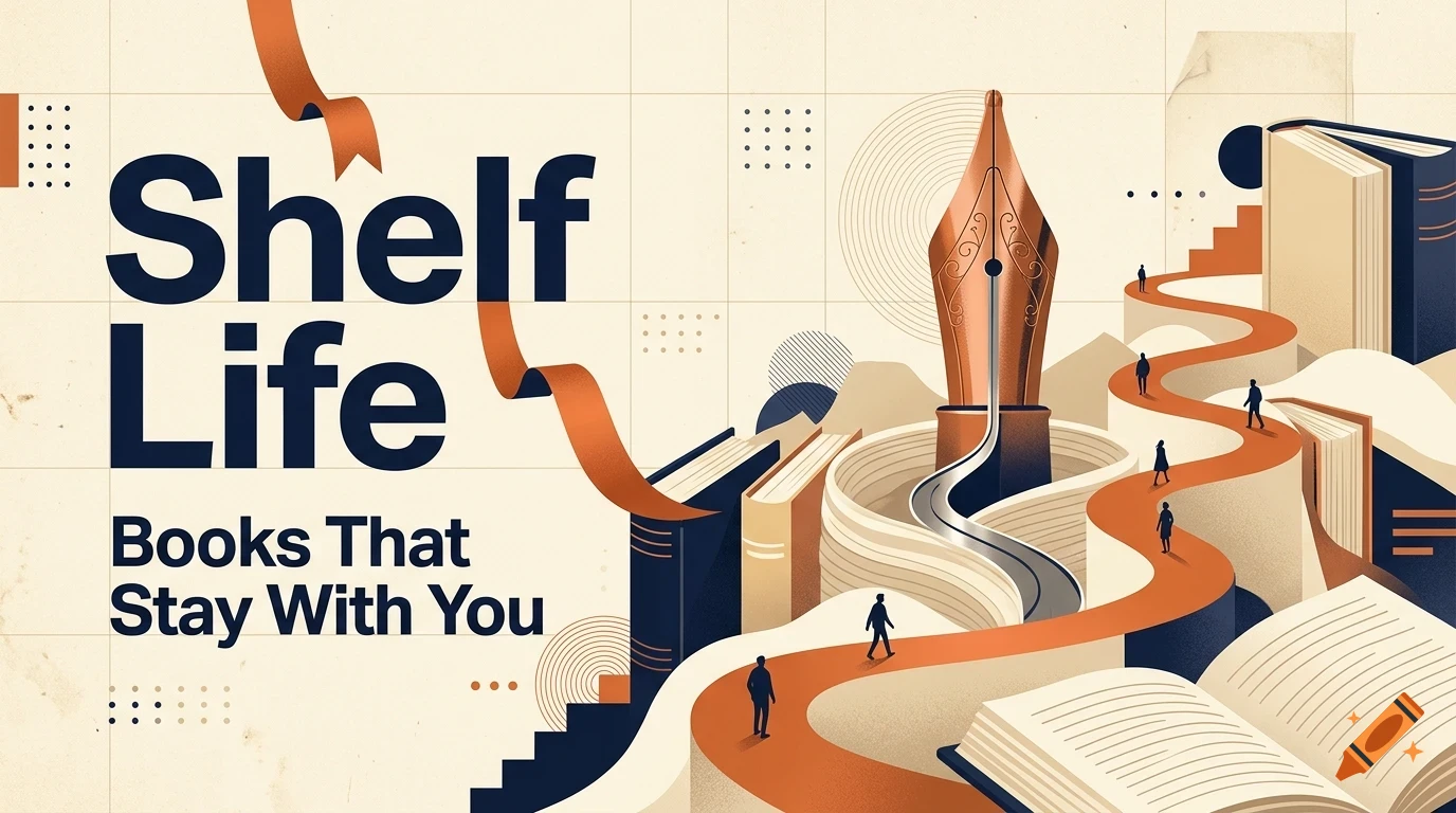 An illustration with the text Shelf Life Books That Stay With You, featuring a large fountain pen nib, winding paths, books, and tiny silhouettes of people.