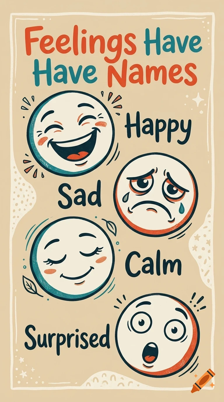 An educational poster titled 'Feelings Have Have Names' featuring four circular cartoon faces depicting emotions: happy, sad, calm, and surprised, each labeled with its corresponding word.