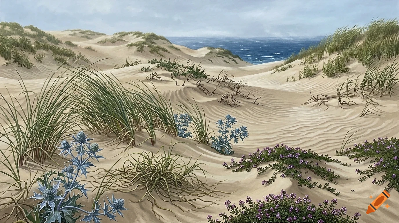 An oil painting of sandy dunes with beach grass, blue sea hollies, and purple flowers overlooking the blue ocean under a cloudy sky.