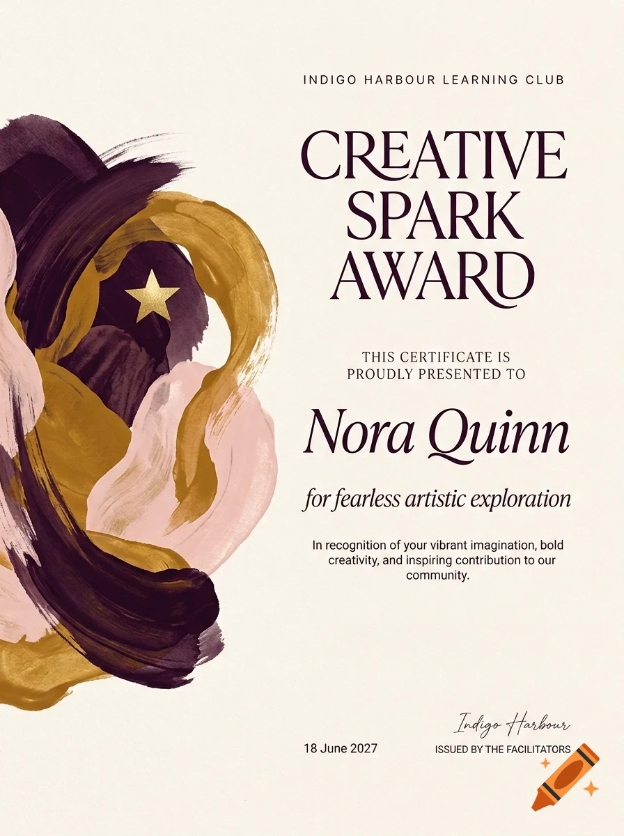An award certificate featuring abstract brush strokes on the left and typography reading Creative Spark Award.