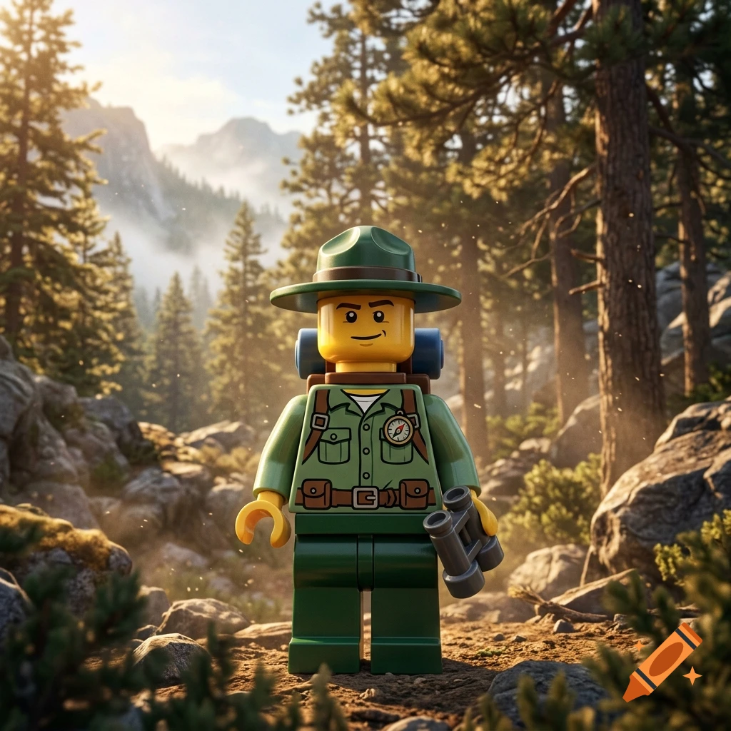 A Lego ranger minifigure holding binoculars standing in a forest with mountains in the background.