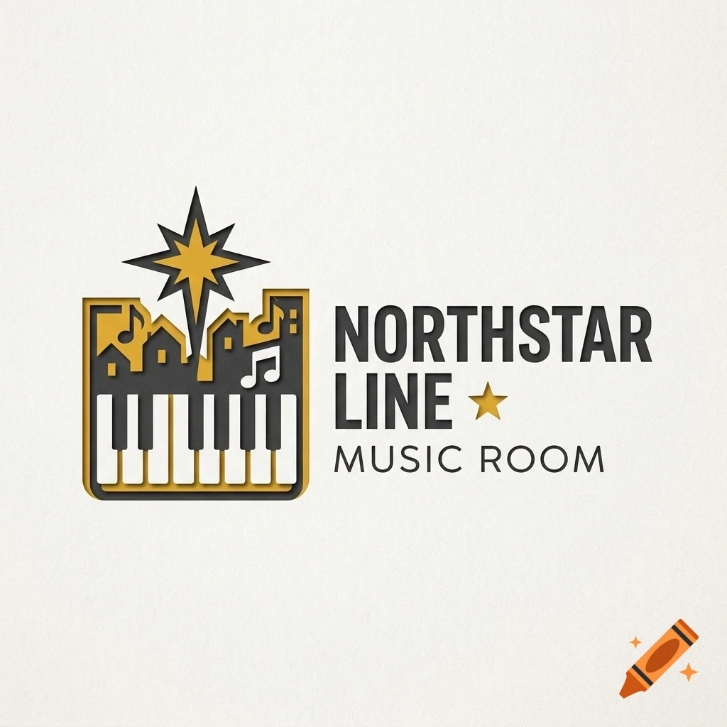 Logo design featuring a piano keyboard, city skyline with music notes, a star, and the text Northstar Line Music Room.