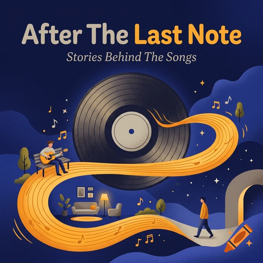 An illustrated album cover with a large vinyl record, a person playing guitar on a bench, and a winding golden musical path leading past a living room and another person walking.