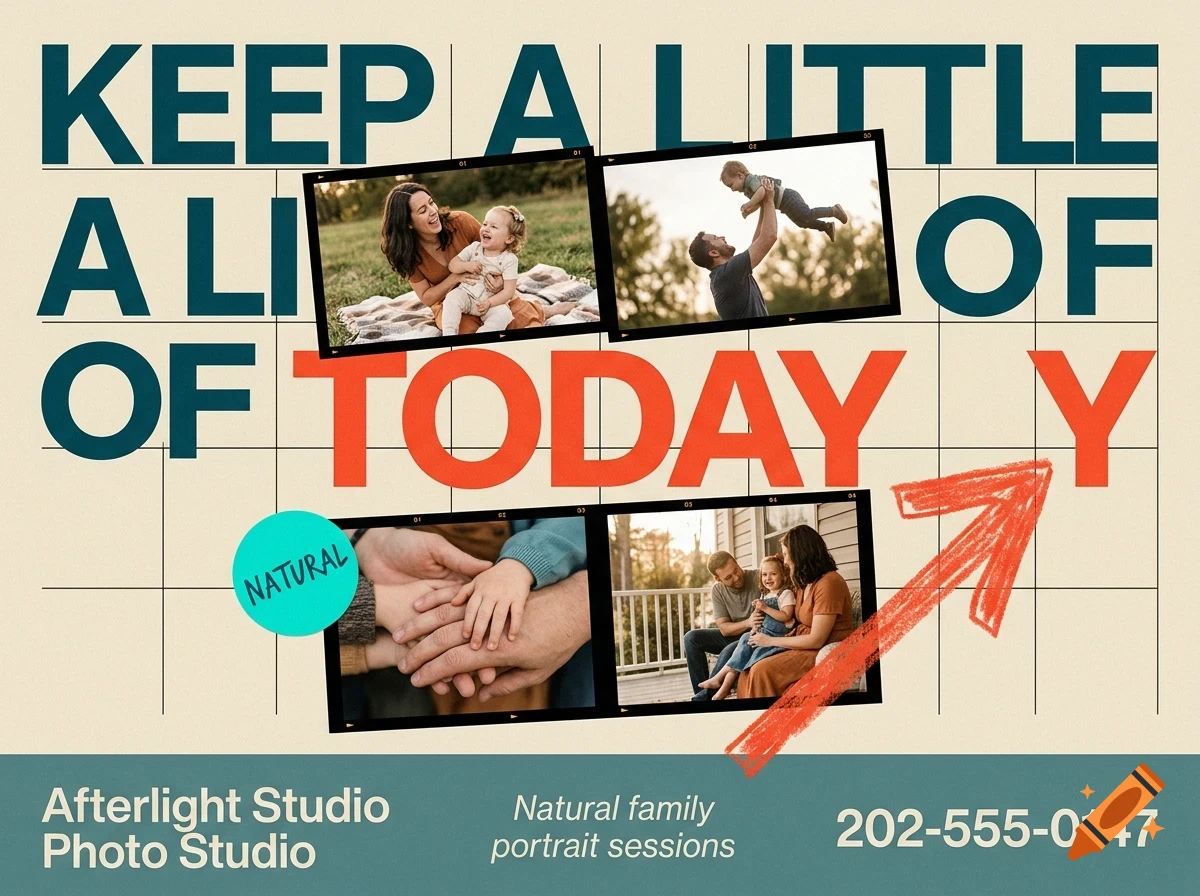 An advertisement for Afterlight Studio Photo Studio featuring four family photos, large typography saying Keep a little of today, and a phone number.