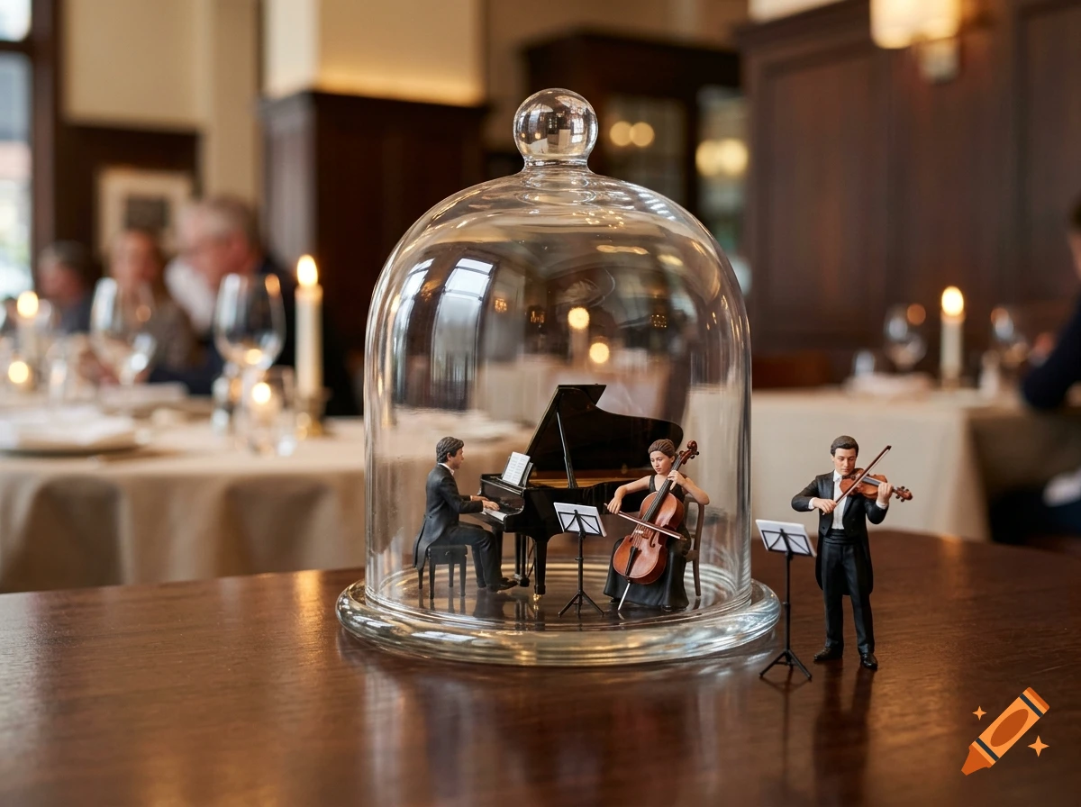Miniature figures of classical musicians playing piano, cello, and violin inside a glass cloche on a restaurant table, photorealistic.