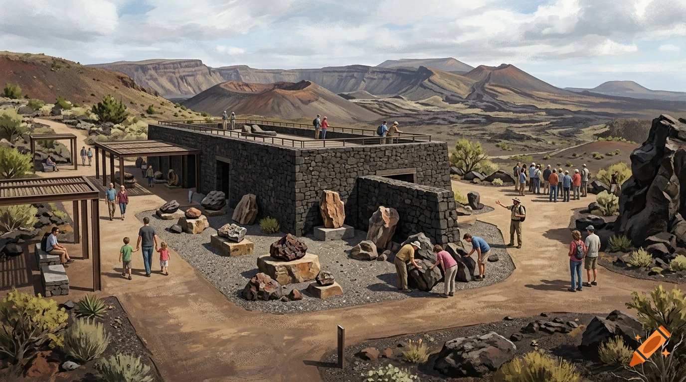 An overhead view of a volcanic visitor center surrounded by rocky terrain, mountains, and tourists exploring the landscape.