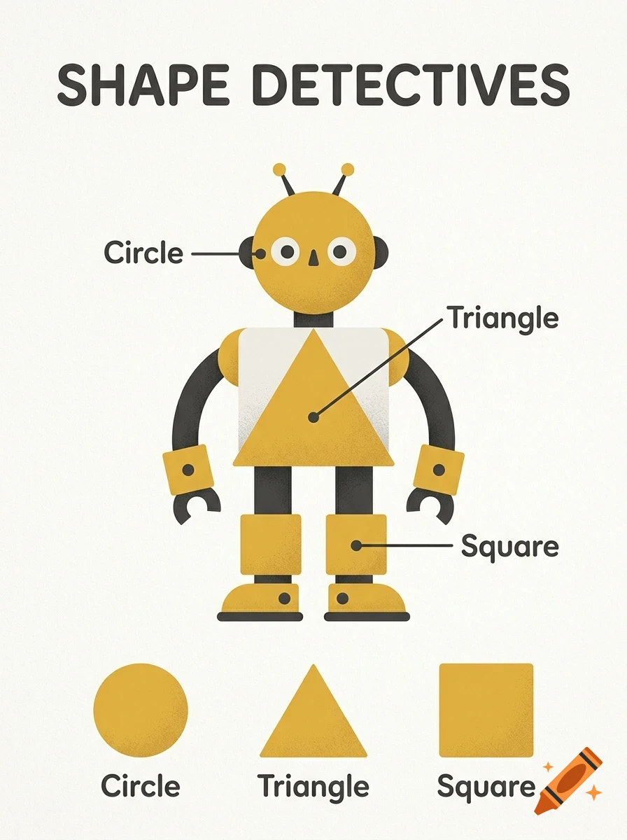 An educational diagram titled Shape Detectives featuring a yellow robot pointing out shapes with labels for circle, triangle, and square.