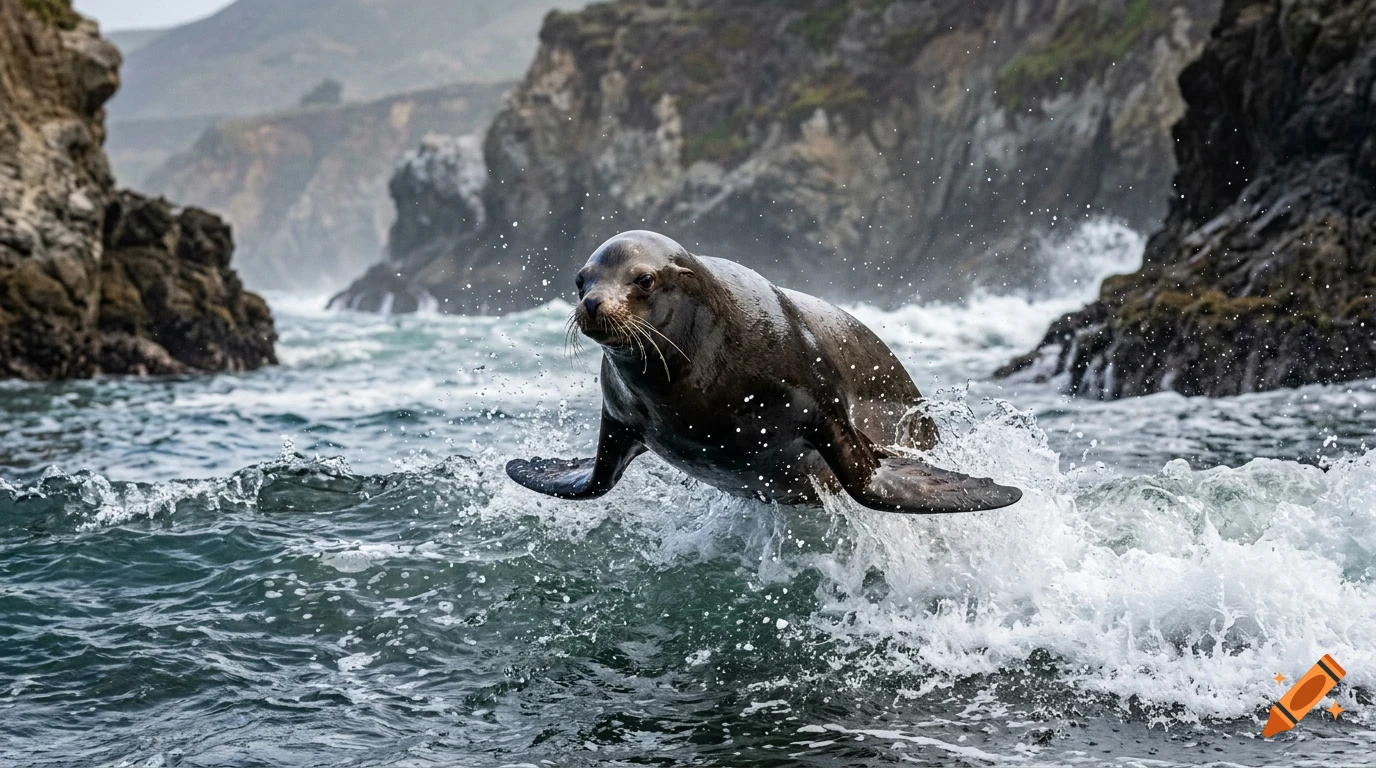 A sea lion leaping through ocean waves near rocky cliffs.