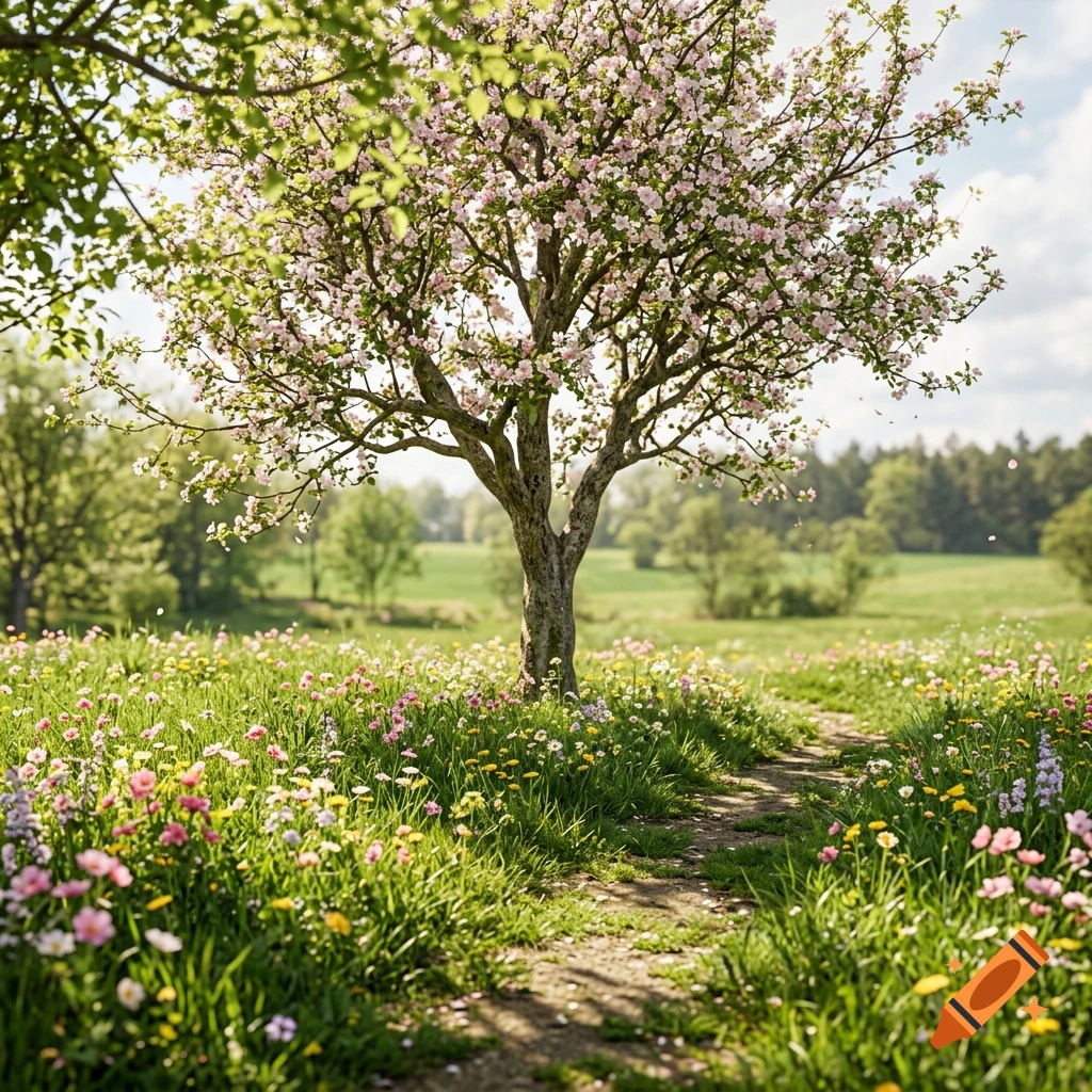 Photorealistic spring landscape with a blossoming apple tree, vibrant wildflowers, and a dirt path under a partly cloudy sky.