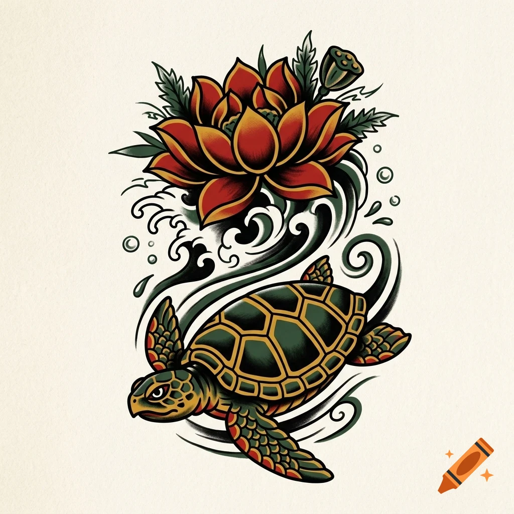 An illustrated sea turtle swimming below a large red lotus flower and swirling water waves.