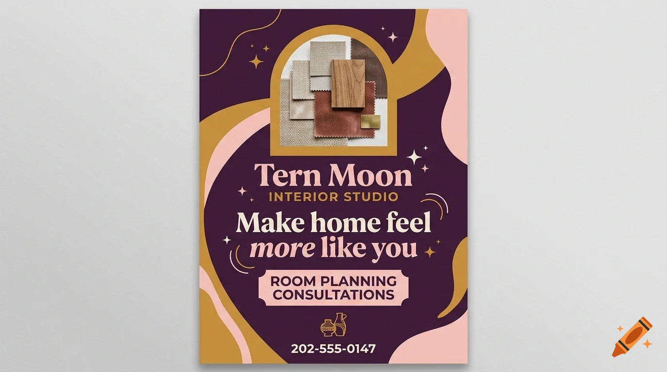 An interior design studio poster with abstract shapes in purple, pink, and gold, featuring fabric samples and the text Tern Moon Interior Studio.
