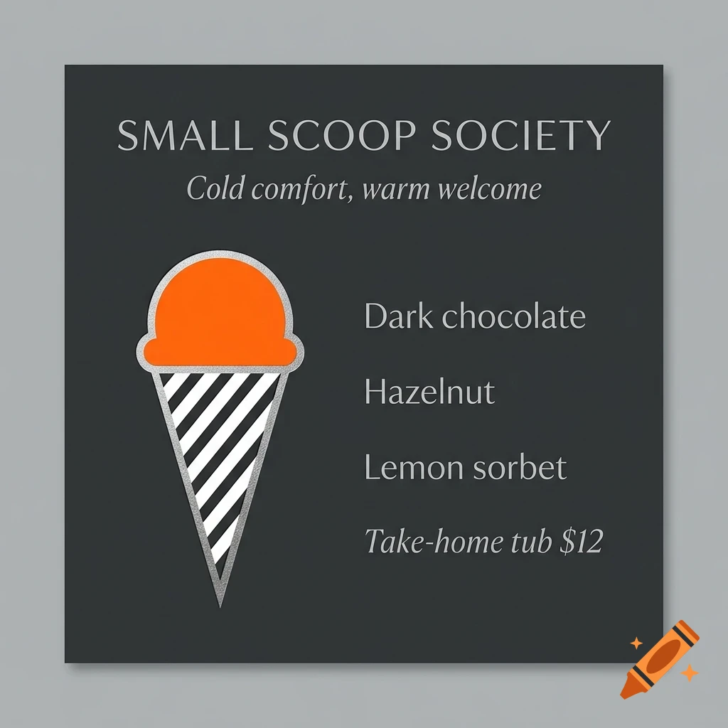 A menu design for Small Scoop Society featuring text and an ice cream cone graphic.