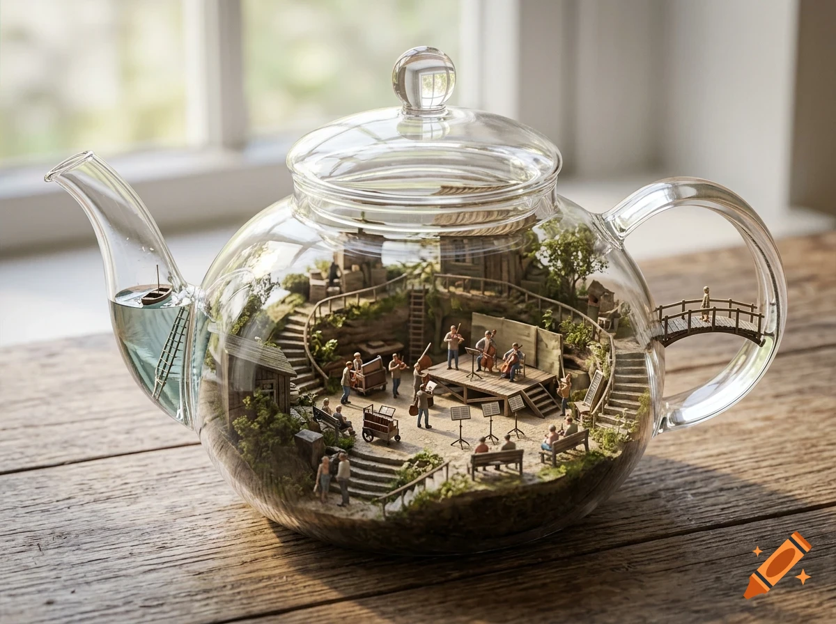 A miniature village with tiny musicians and buildings inside a transparent glass teapot on a wooden table.