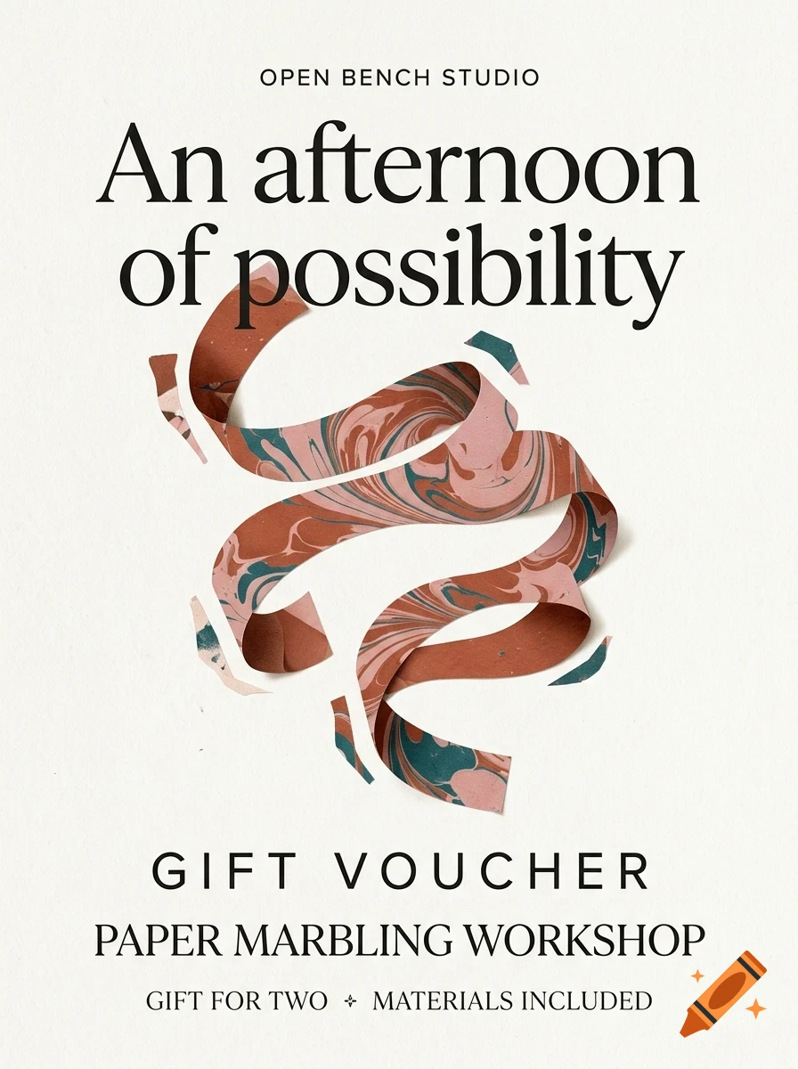 An Open Bench Studio gift voucher poster for a paper marbling workshop featuring marbled paper ribbons and elegant typography.