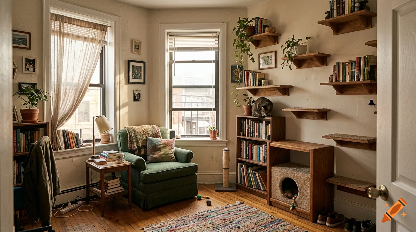 A cozy living room with a green armchair, bookshelves, floating wall shelves, and a cat sitting on a bookcase.