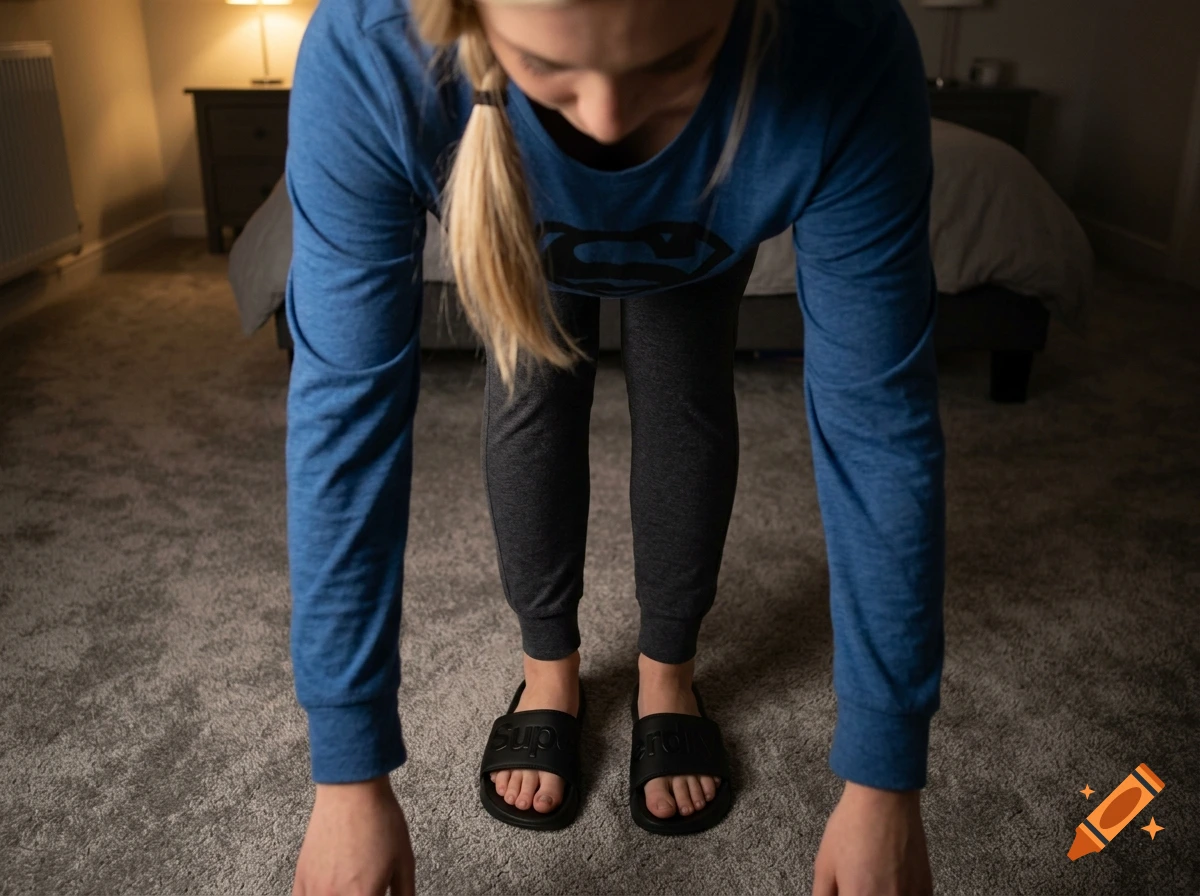 Photorealistic first-person view of a person standing on a grey carpet wearing grey sweatpants and black sliders.