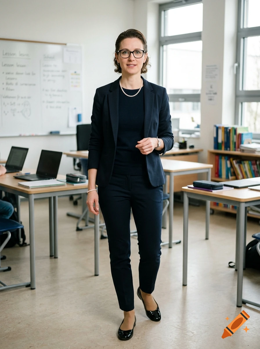 Photorealistic full-body portrait of a female teacher in a classroom wearing a dark blue suit and glasses.