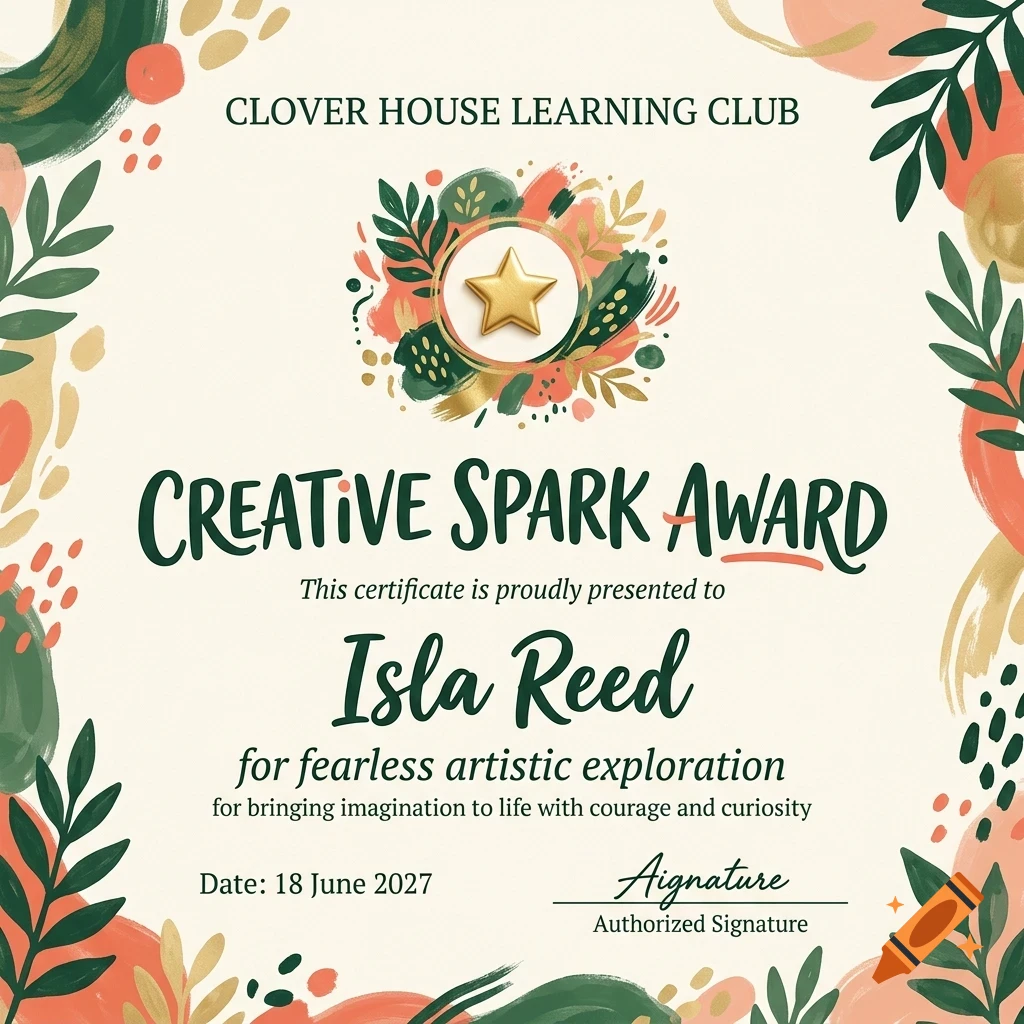 An award certificate featuring botanical illustrations, a gold star emblem, and text reading Creative Spark Award for Isla Reed.