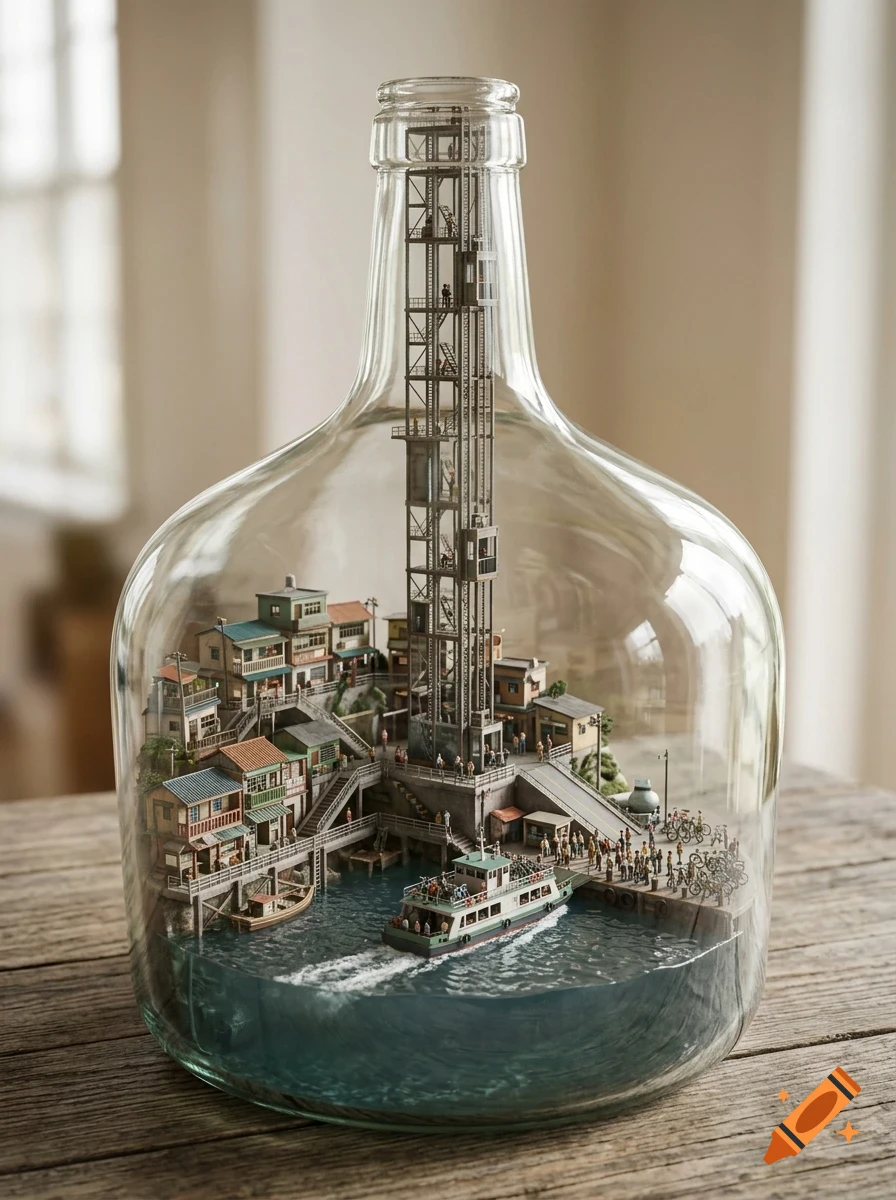 A detailed miniature diorama of a coastal village and tall tower built inside a clear glass bottle.