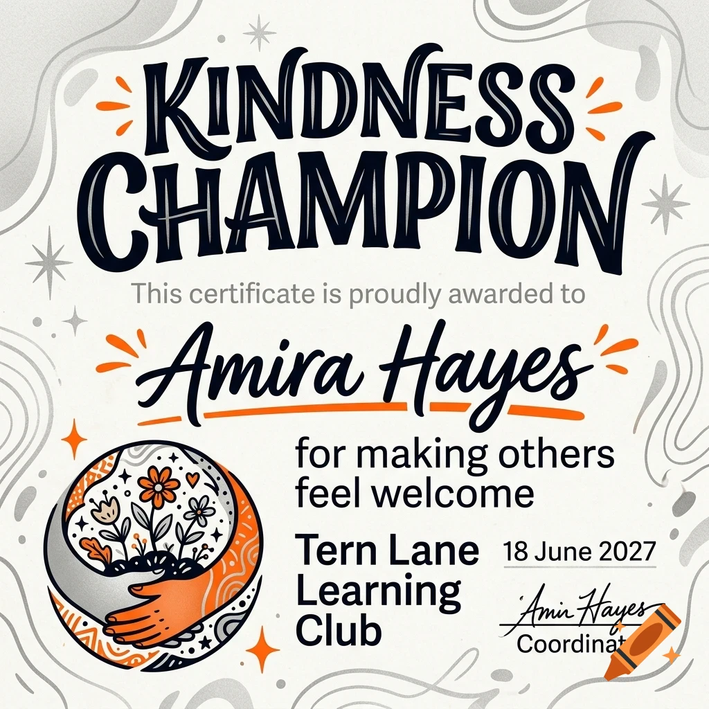 An award certificate reading Kindness Champion, featuring bold dark lettering, floral illustration elements, and an orange accent palette.