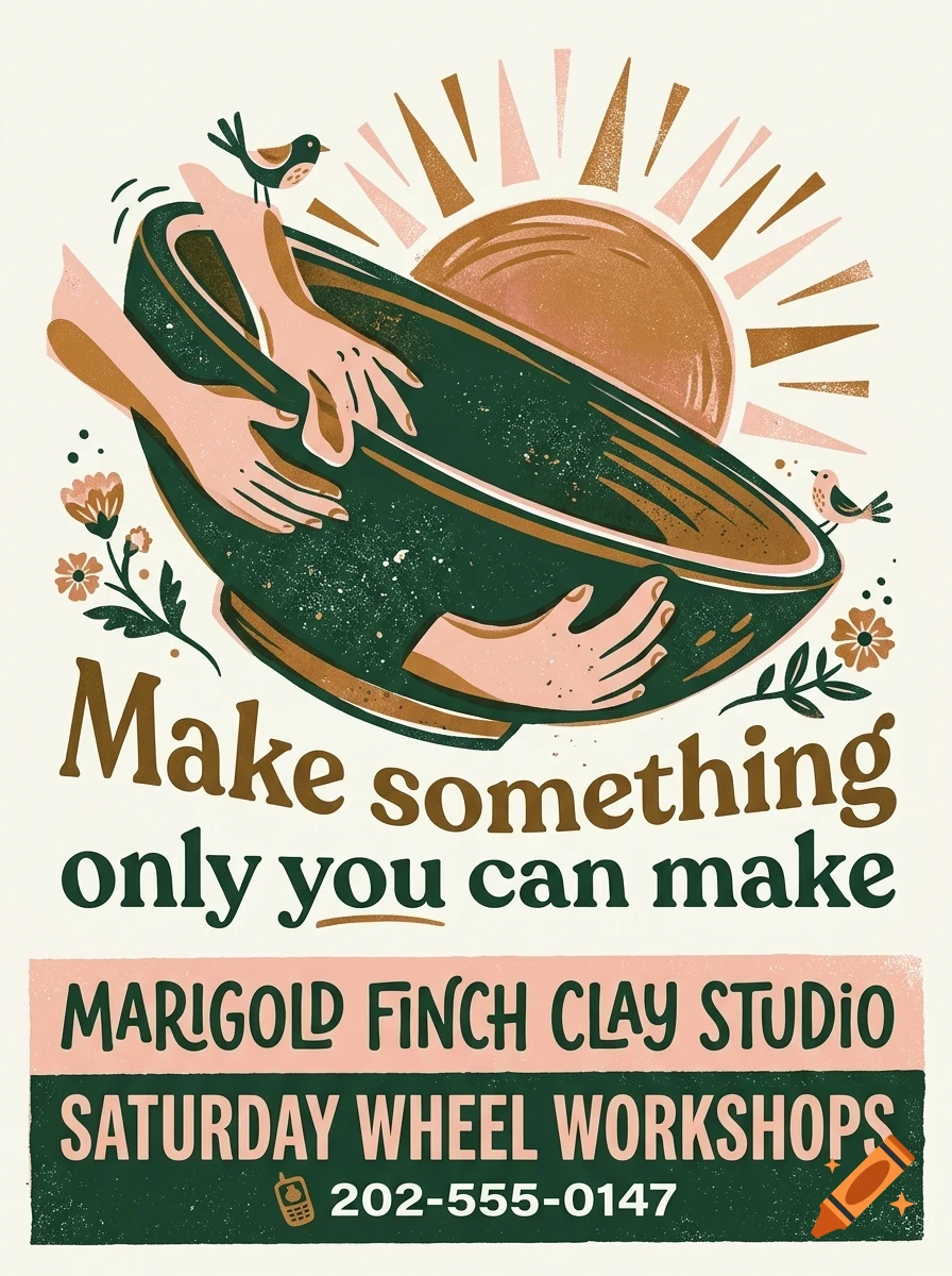 An illustration of hands shaping a ceramic bowl with a sun and birds, accompanied by the text 'Make something only you can make' and 'Marigold Finch Clay Studio'.