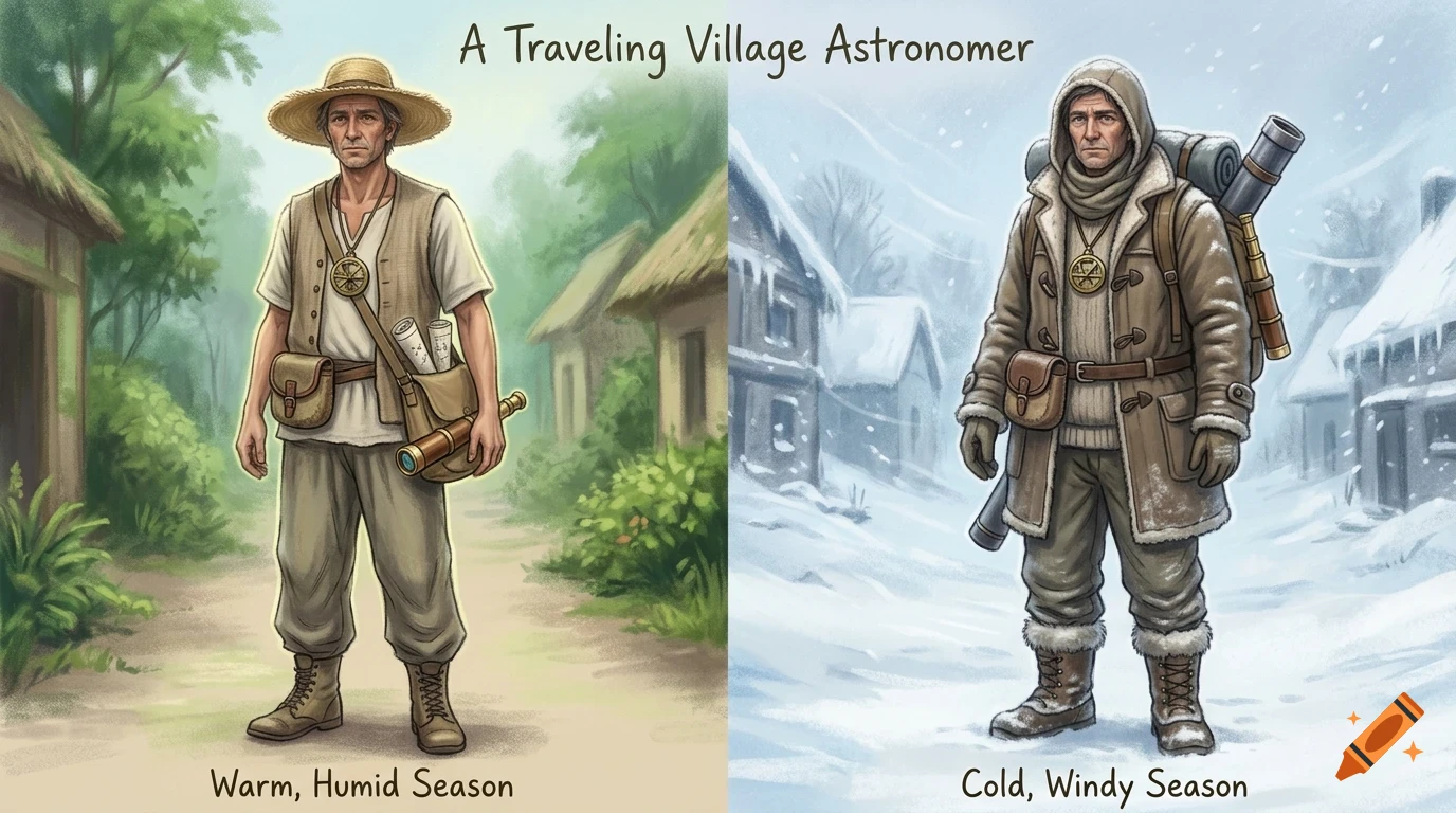 Illustration comparing a traveling village astronomer in a warm season versus a cold, snowy season.