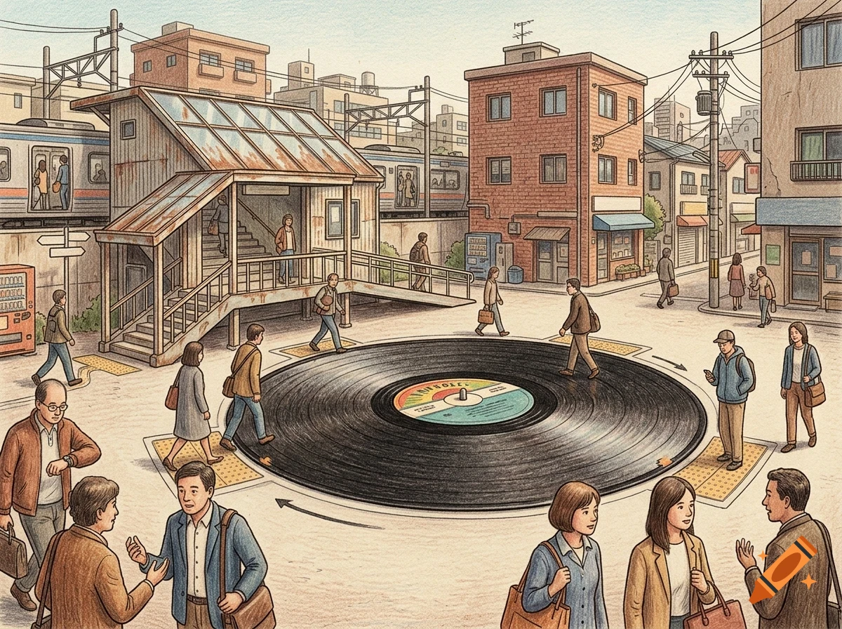 An illustrated street scene featuring a giant vinyl record embedded in the ground, with pedestrians walking around it near a train station and buildings.