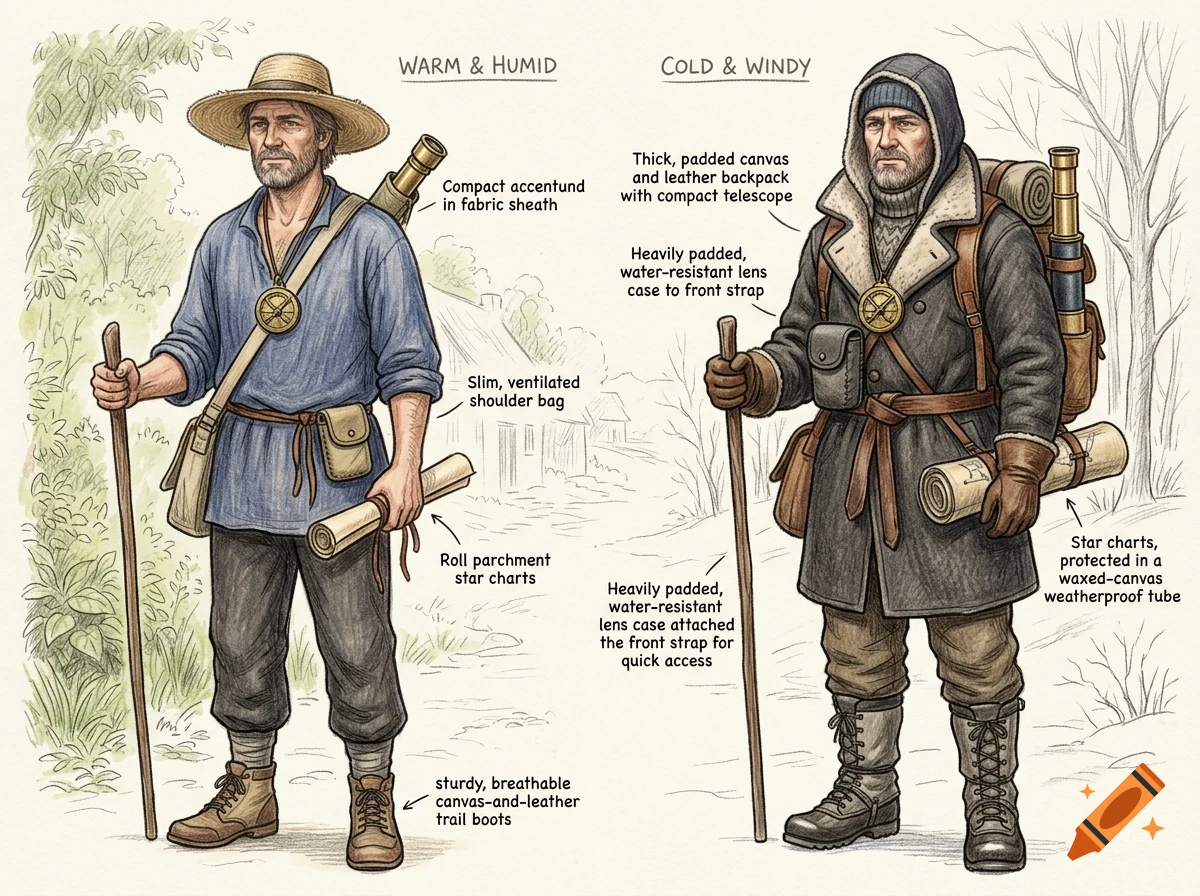 An illustration comparing a man dressed for warm and humid weather with one dressed for cold and windy weather, with labels pointing out gear details.