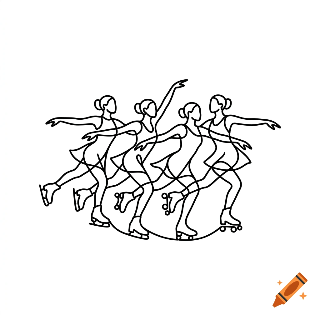 Minimalist line art logo depicting four synchronized skaters in a continuous black line style.
