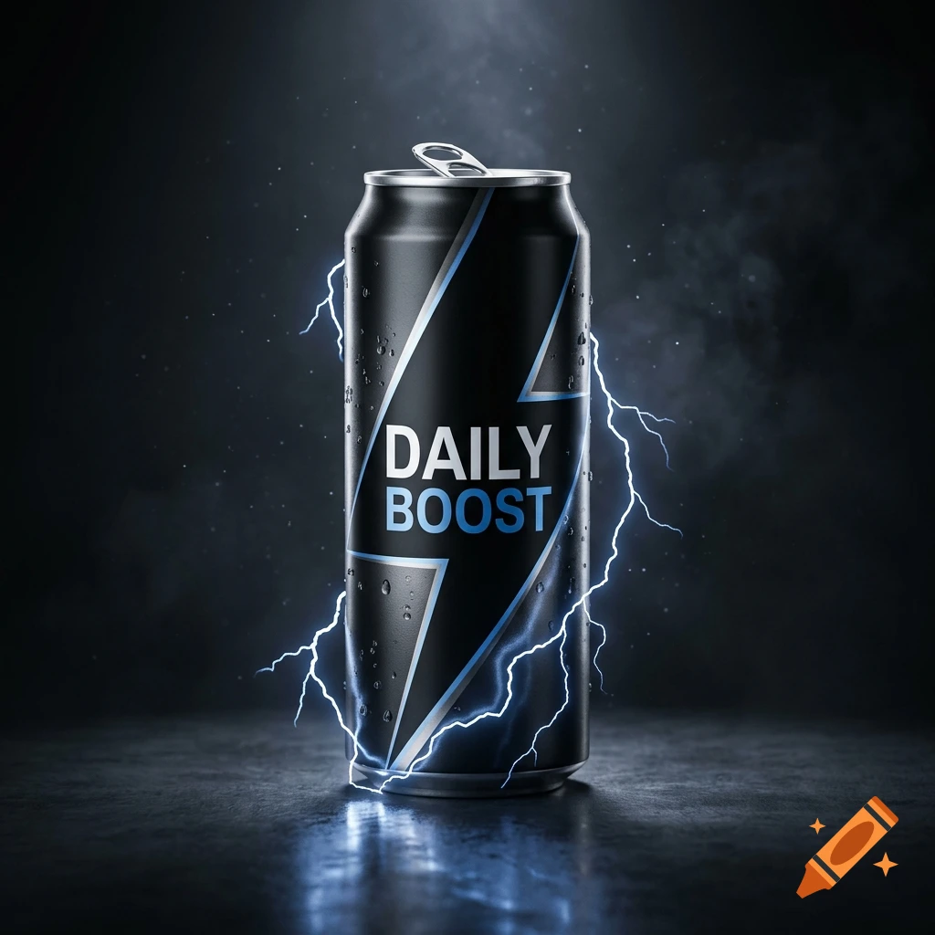 Photorealistic black energy drink can labeled Daily Boost with blue lightning bolts on a dark surface.
