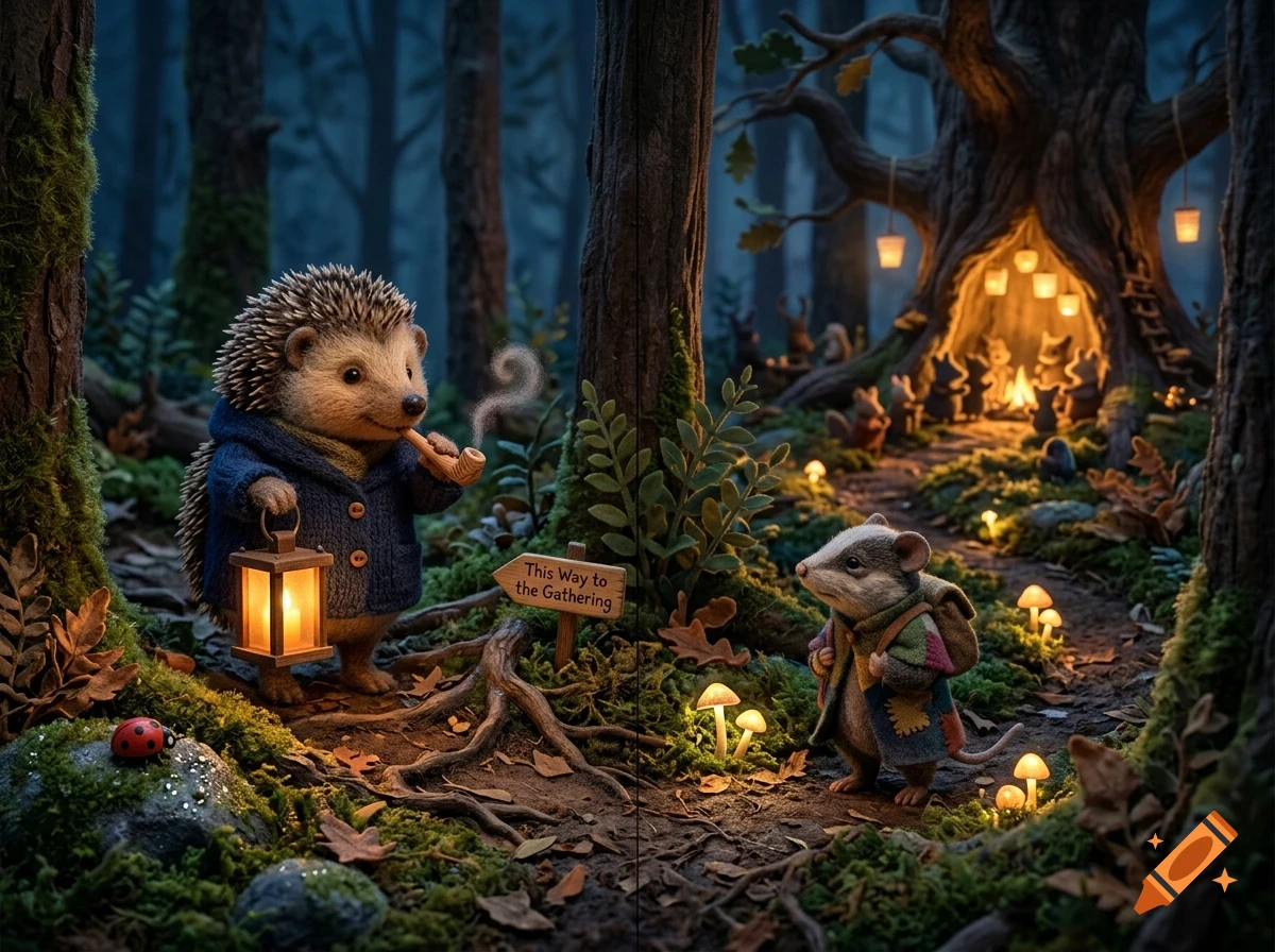 An anthropomorphic hedgehog holding a lantern and a smoking pipe stands in a dark forest next to a mouse, with glowing mushrooms and a lit tree hollow in the background.