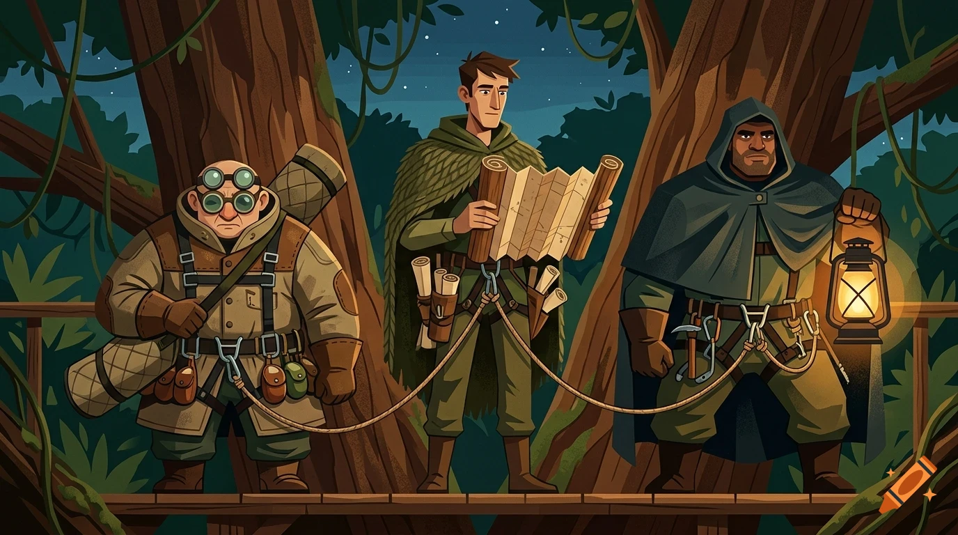 Three explorers tied together by a rope stand in a forest at night, holding a map and a lit lantern.