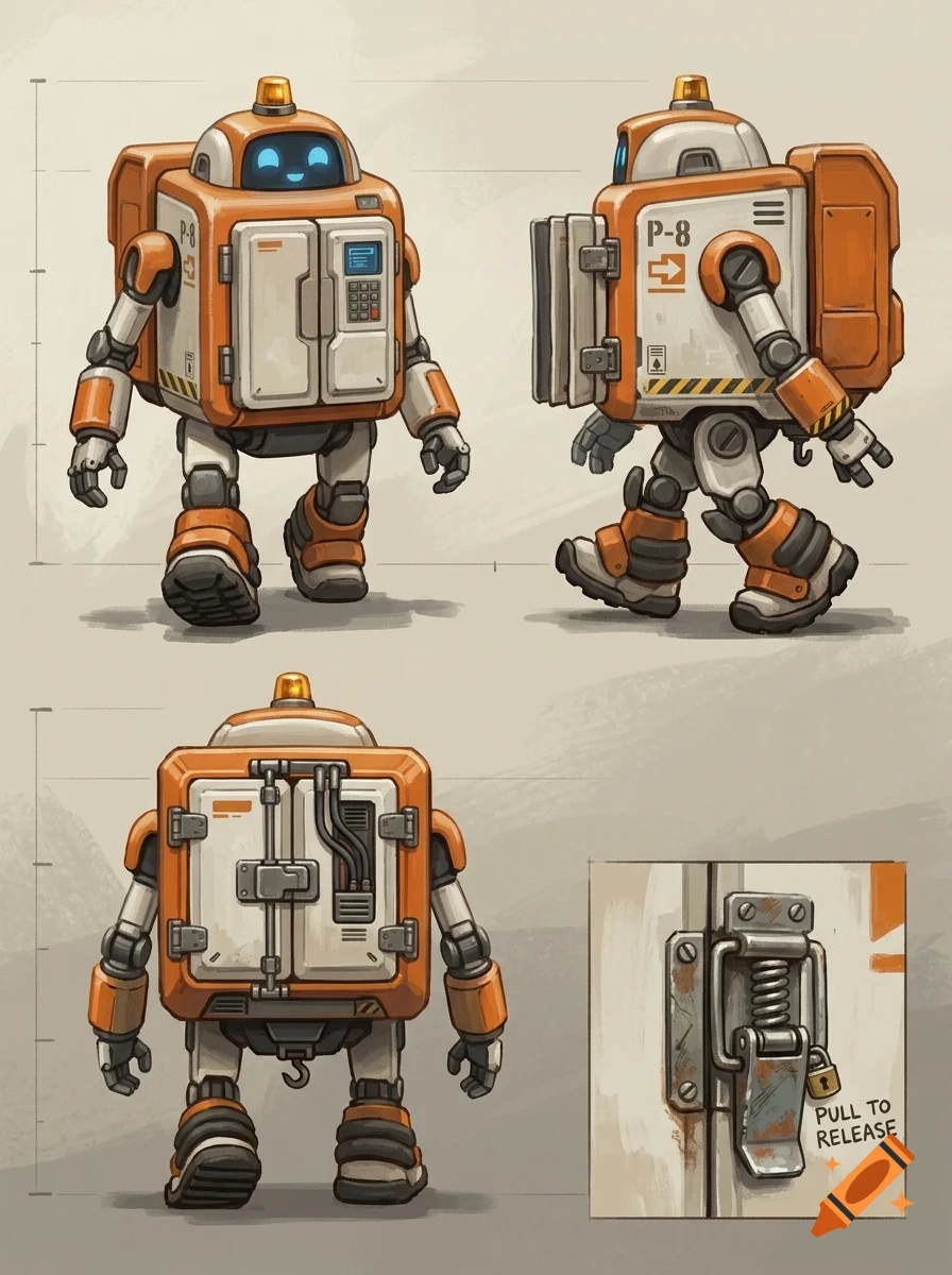 Concept art sheet showing a chunky orange and white robot character from multiple angles with a close-up detail.