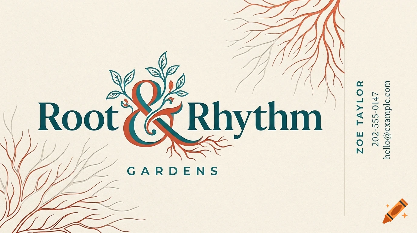 A business card design for Root and Rhythm Gardens with botanical and root illustrations, featuring the text Zoe Taylor, phone number, and email.