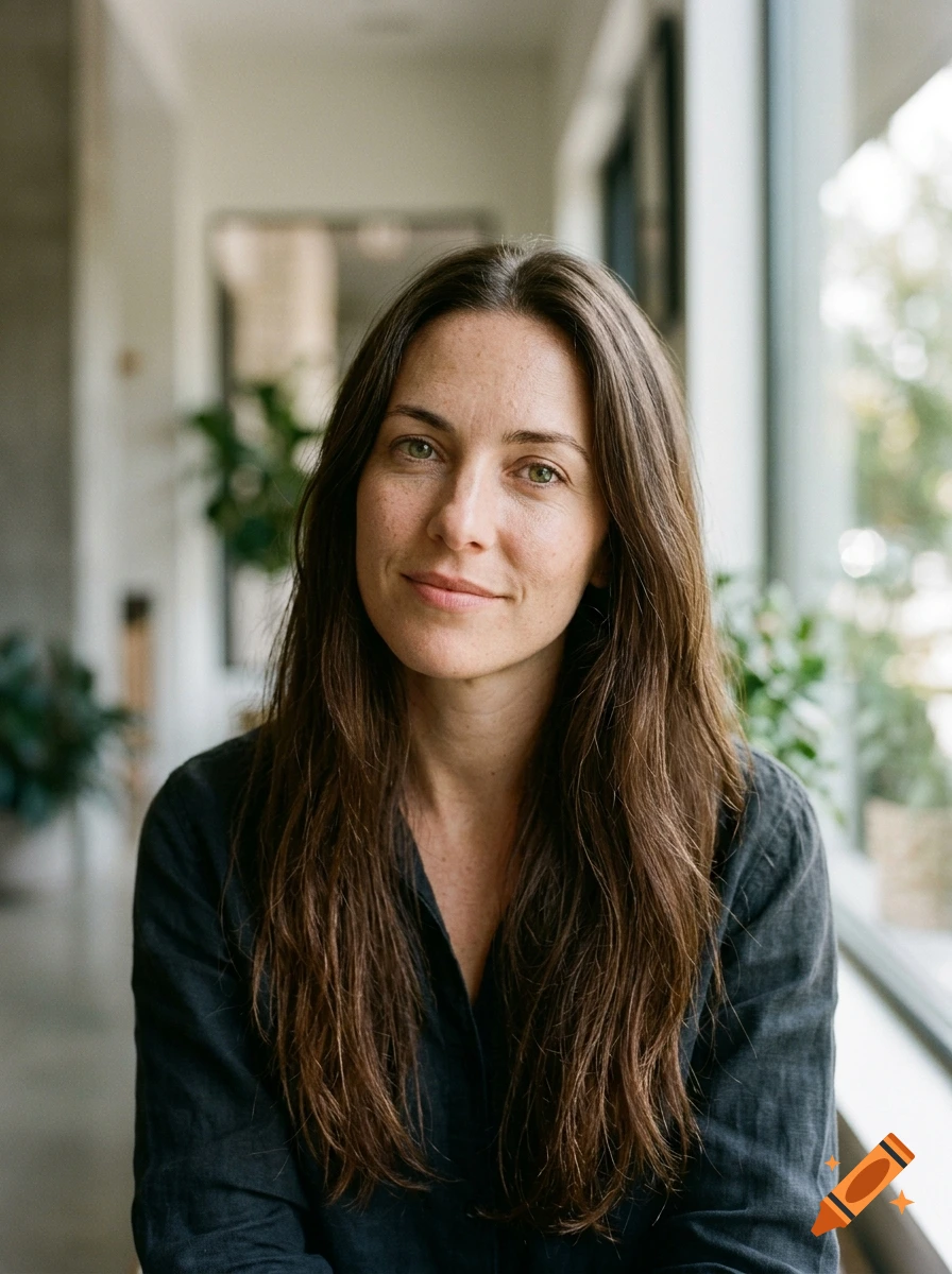 Photorealistic portrait of a woman with long brown hair and green eyes, smiling slightly indoors near a window.