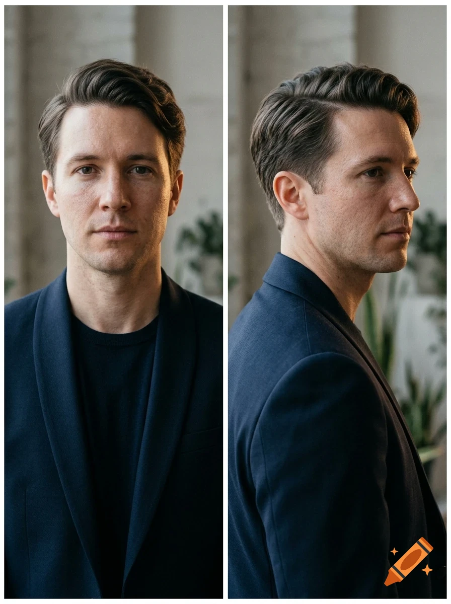 Two-panel portrait of a man with styled brown hair wearing a dark blue blazer and shirt.