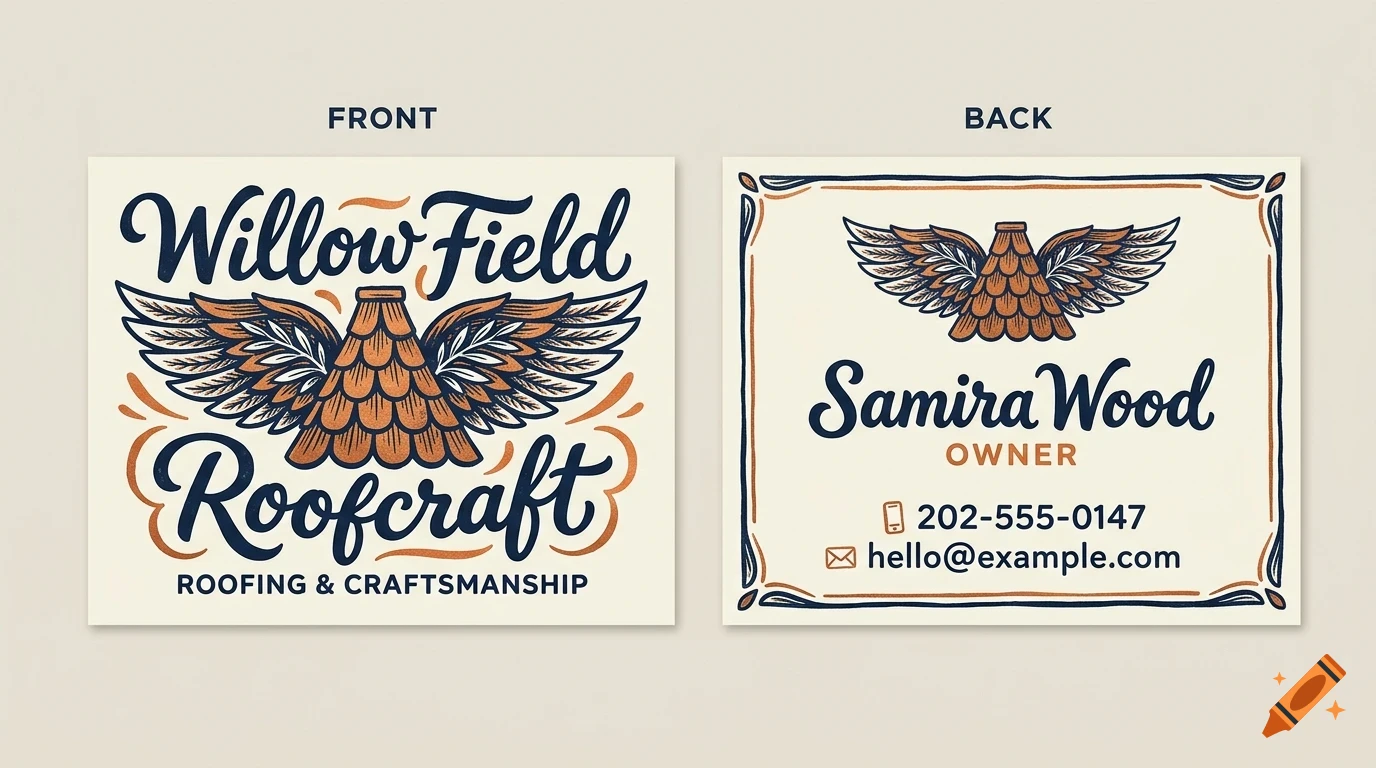Front and back design of a business card for Willow Field Roofcraft featuring lettering and a roof graphic with wings.