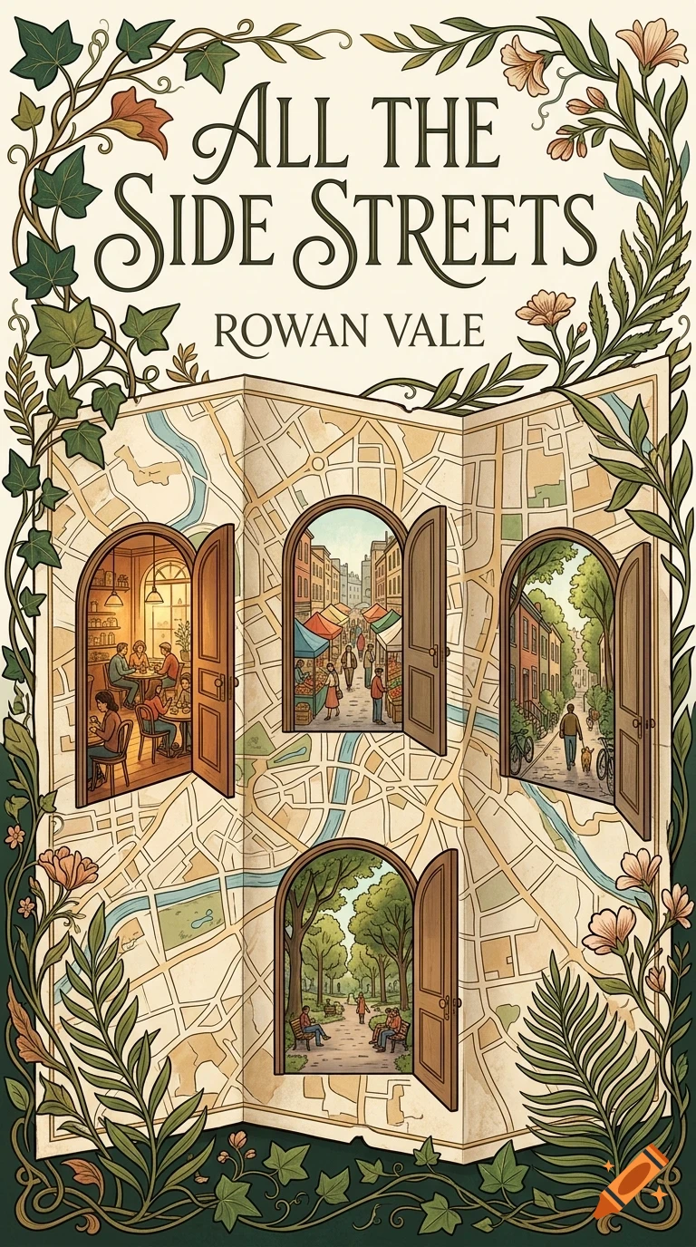 An illustrated book cover titled 'All The Side Streets' by Rowan Vale featuring an open map with four doors opening into different scenes.
