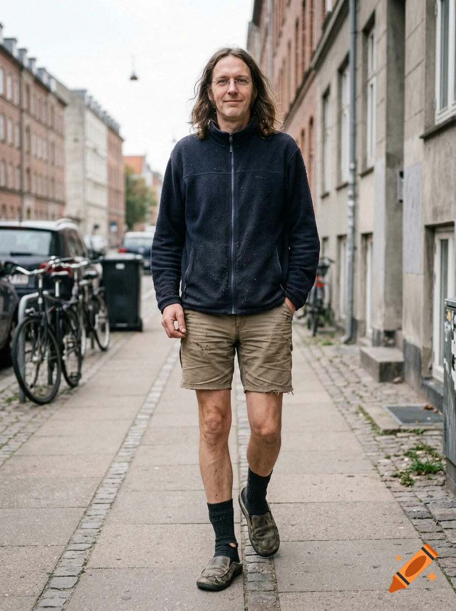 Photorealistic full-body shot of a tall man with long brown hair walking down a European city street, wearing a dark fleece jacket and shorts.