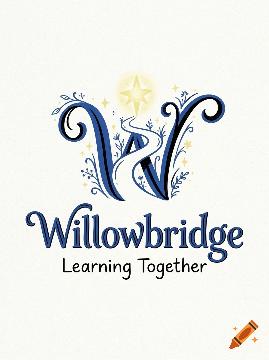 An illustrated logo featuring a large blue letter W entwined with vines, a winding path, and a glowing star above, with the text Willowbridge Learning Together below.
