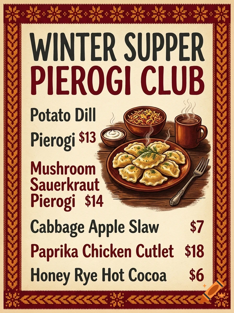 A poster for Winter Supper Pierogi Club featuring illustrations of pierogi, slaw, and drinks with pricing.
