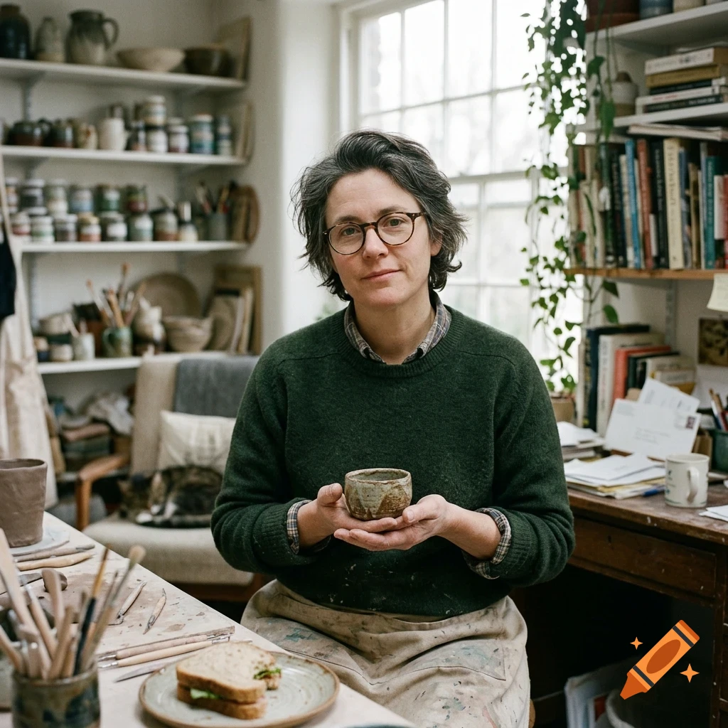 A portrait of a person holding a small ceramic cup in a pottery studio.