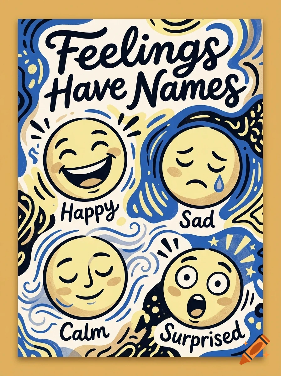 An illustrated educational poster titled Feelings Have Names, featuring four circular faces depicting Happy, Sad, Calm, and Surprised expressions with swirling abstract blue and yellow patterns in the background.