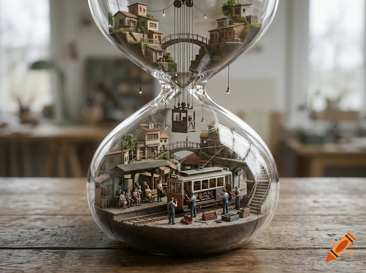 A miniature diorama inside a glass hourglass resting on a wooden table, featuring a village on top and a streetcar station with tiny figures below.