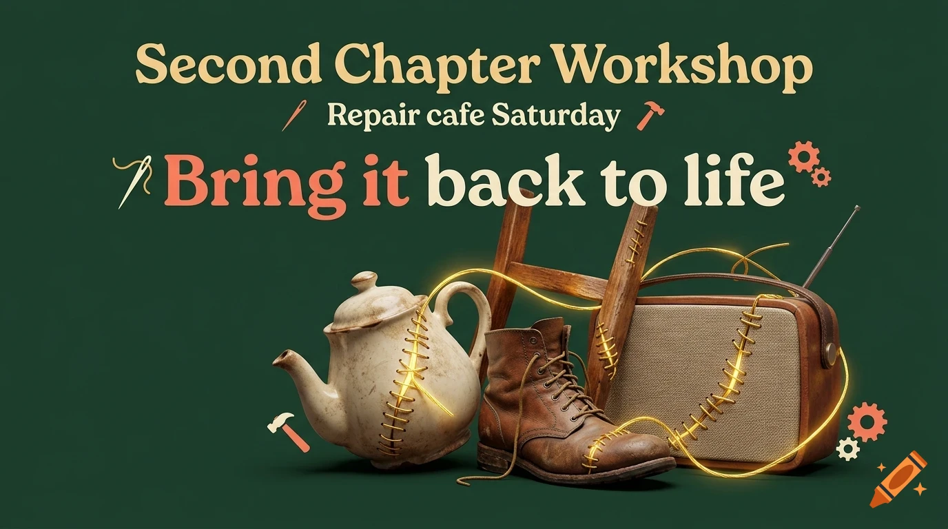 A poster for Second Chapter Workshop with text reading 'Bring it back to life' featuring a teapot, boot, stool, and radio with glowing stitches.