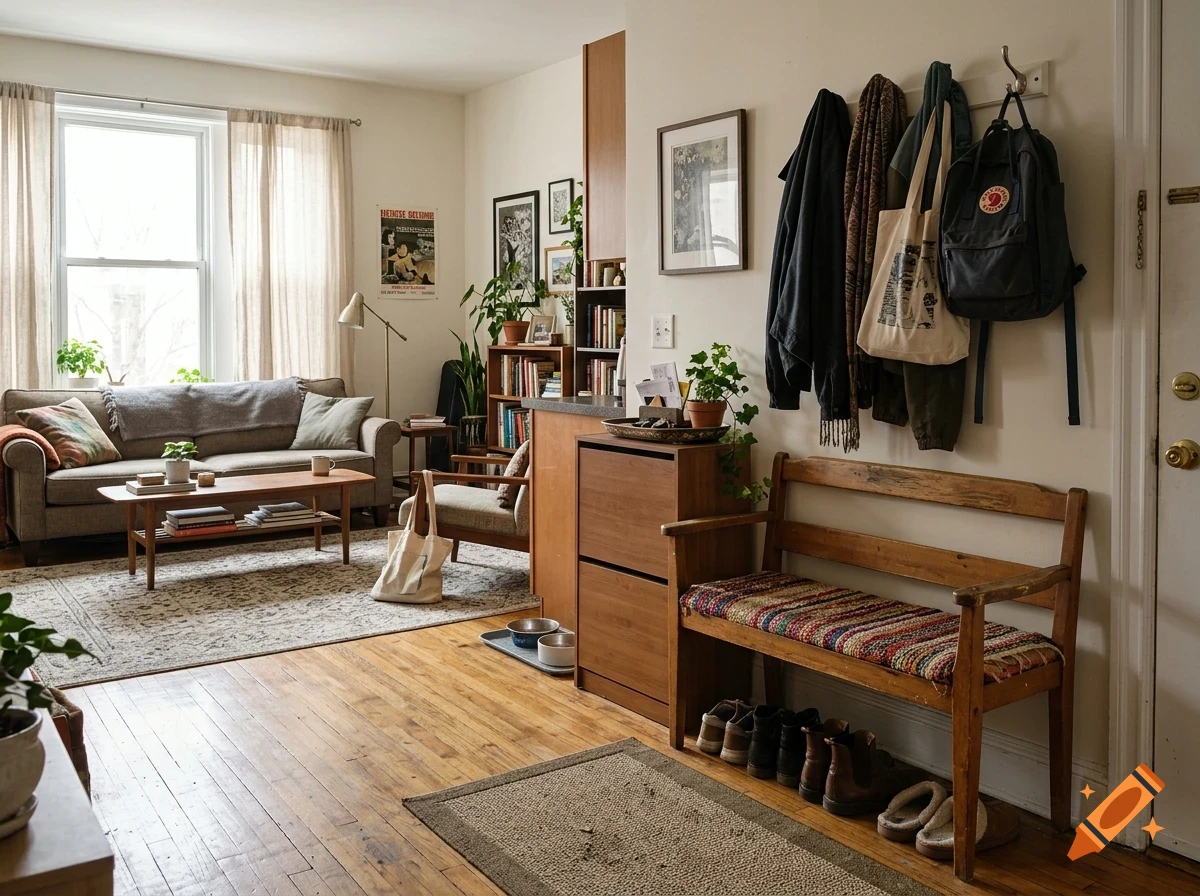 A cozy apartment interior featuring a living area with a sofa, wooden coffee table, rug, bookshelves, and a window with curtains, alongside an entryway with a wooden bench, shoe rack, and coats hanging on the wall.