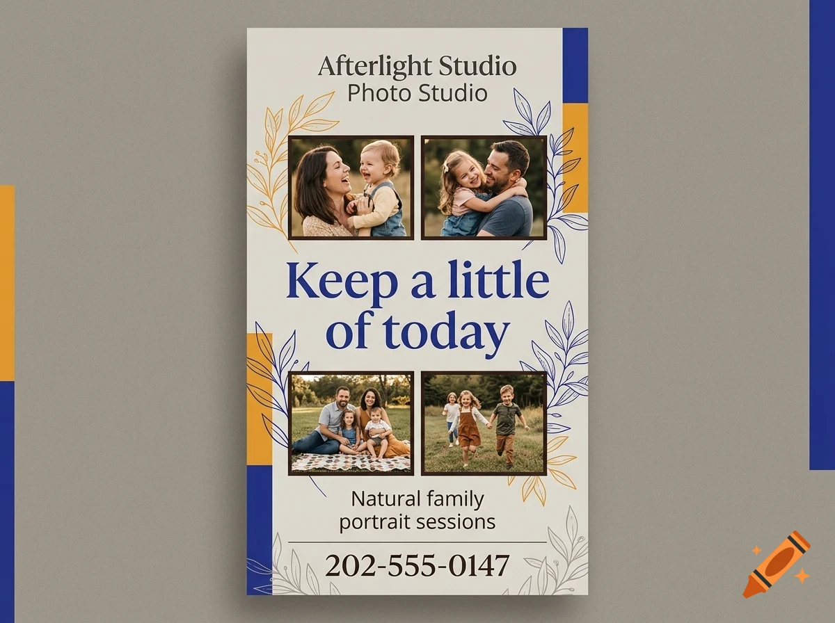 An advertisement for Afterlight Studio Photo Studio featuring four family photos, botanical line art, and text reading Keep a little of today.