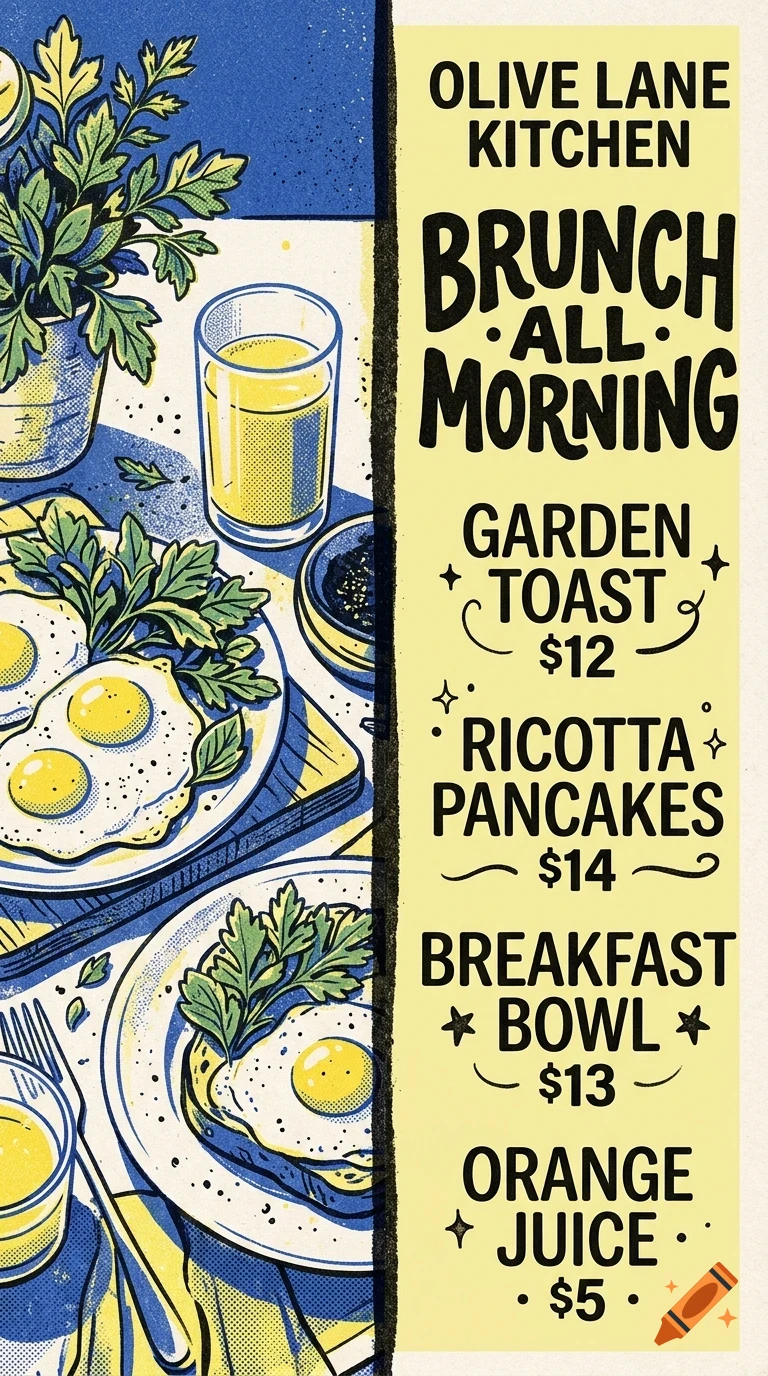 An illustrated menu for Olive Lane Kitchen advertising brunch items like garden toast, ricotta pancakes, a breakfast bowl, and orange juice alongside plates of food.