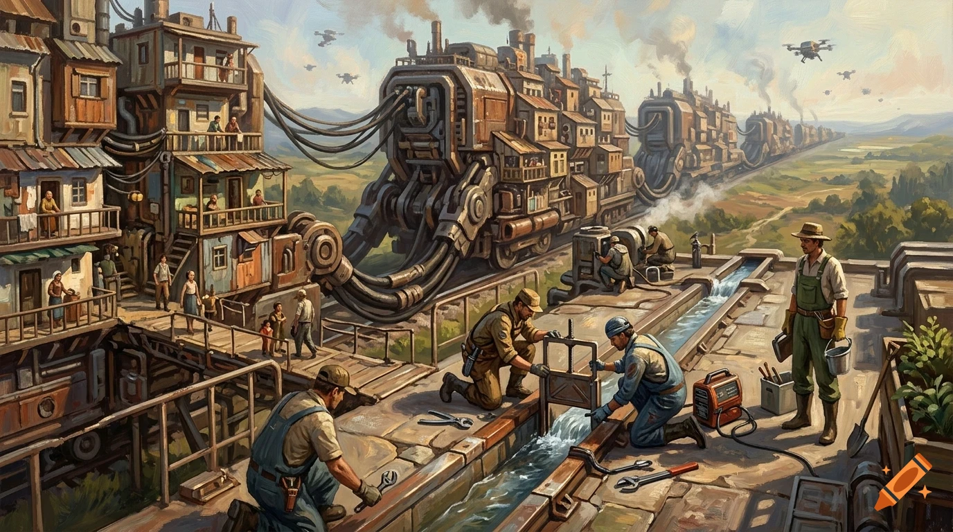 An oil painting of a massive steampunk train resembling a moving city, with workers maintaining a canal system nearby.